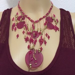 Bead Fringe Choker Necklace Pink And Gold Tone